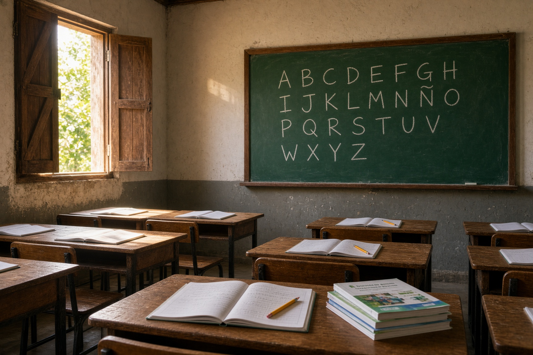 A sunlit classroom with notebooks and a chalkboard in Honduras.
