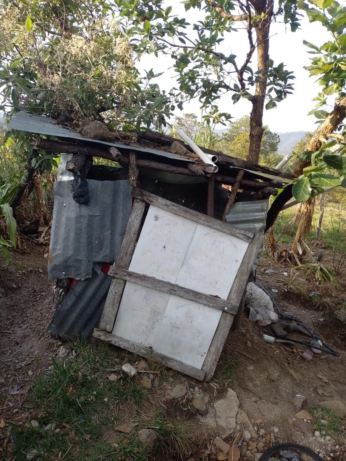 A latrine of tin and scrap wood — this is what families are using until we can build with block.