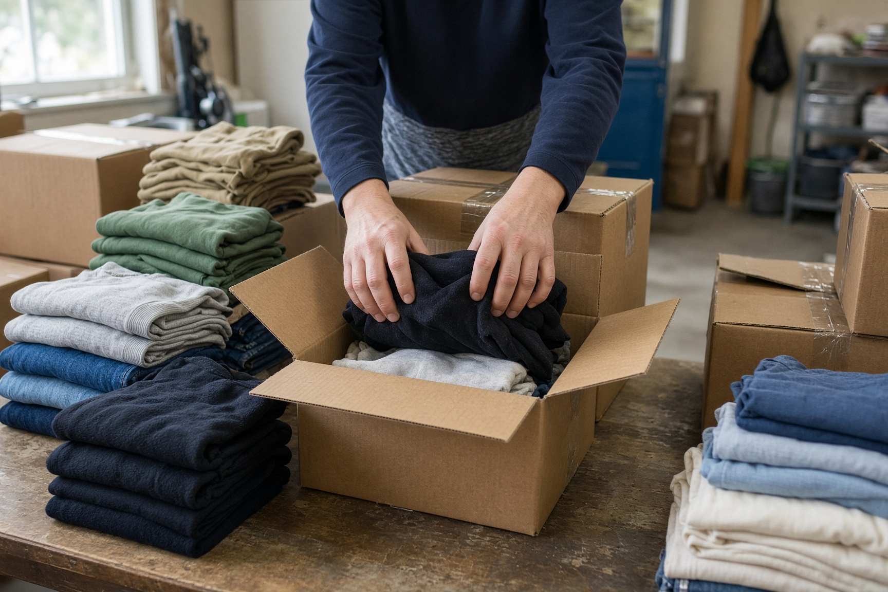 Folded clothing and shipping boxes packed for Honduras.